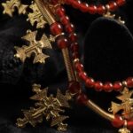 Three-strand carnelian necklace with 18K gold-plated brass zgardas, with earrings — handmade jewelry by Frolov Jewels (view 6)