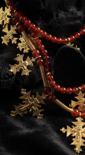 Three-strand carnelian necklace with 18K gold-plated brass zgardas, with earrings — handmade jewelry by Frolov Jewels (view 6)