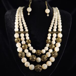 Three-strand mother-of-pearl necklace with brass beads — handmade jewelry by Frolov Jewels