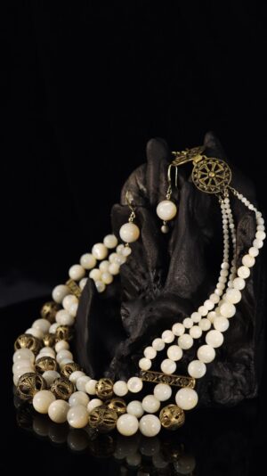 Three-strand mother-of-pearl necklace with brass beads — handmade jewelry by Frolov Jewels (view 2)