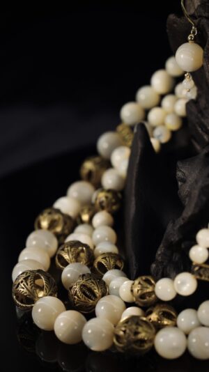 Three-strand mother-of-pearl necklace with brass beads — handmade jewelry by Frolov Jewels (view 3)