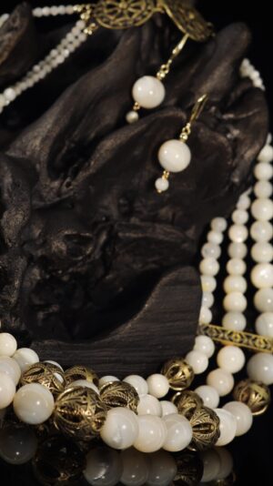 Three-strand mother-of-pearl necklace with brass beads — handmade jewelry by Frolov Jewels (view 4)