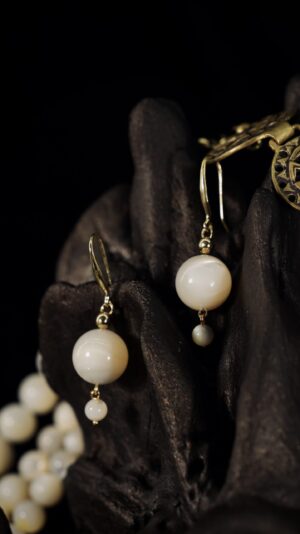Three-strand mother-of-pearl necklace with brass beads — handmade jewelry by Frolov Jewels (view 5)