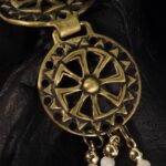 Three-strand mother-of-pearl necklace with brass beads — handmade jewelry by Frolov Jewels (view 6)