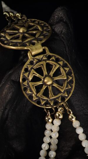 Three-strand mother-of-pearl necklace with brass beads — handmade jewelry by Frolov Jewels (view 6)