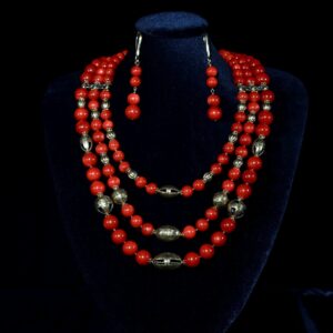 Three-strand necklace of round red corals and brass beads — handmade jewelry by Frolov Jewels