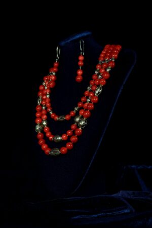 Three-strand necklace of round red corals and brass beads — handmade jewelry by Frolov Jewels (view 2)