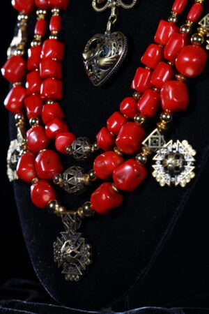 Three-strand red coral set with “Azhurni” openwork zgardas and a dukach medallion — handmade jewelry by Frolov Jewels (view 3)