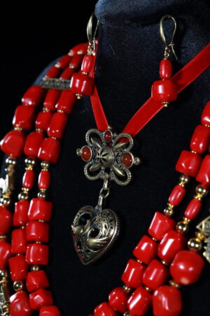 Three-strand red coral set with “Azhurni” openwork zgardas and a dukach medallion — handmade jewelry by Frolov Jewels (view 4)