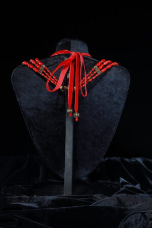 Three-strand red coral set with “Azhurni” openwork zgardas and a dukach medallion — handmade jewelry by Frolov Jewels (view 5)