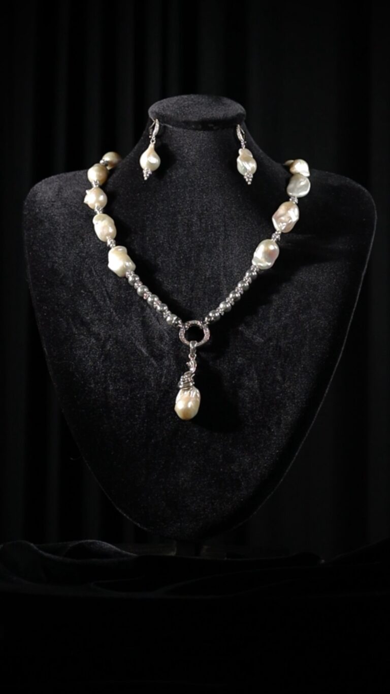 White baroque pearl necklace with a pearl pendant — handmade jewelry by Frolov Jewels