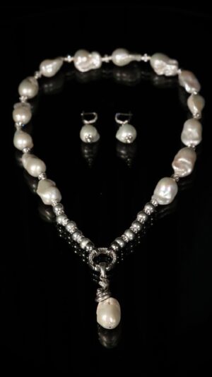White baroque pearl necklace with a pearl pendant — handmade jewelry by Frolov Jewels (view 2)