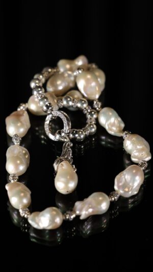 White baroque pearl necklace with a pearl pendant — handmade jewelry by Frolov Jewels (view 3)