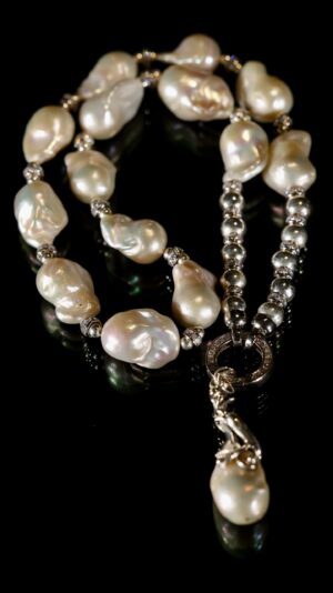 White baroque pearl necklace with a pearl pendant — handmade jewelry by Frolov Jewels (view 4)