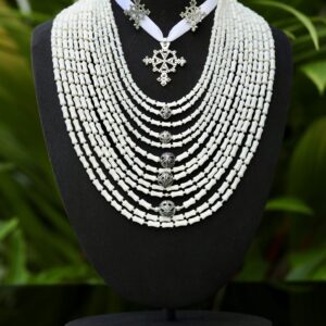 White coral necklace with signature beads, nickel-silver zgardas and silver fittings — handmade jewelry by Frolov Jewels
