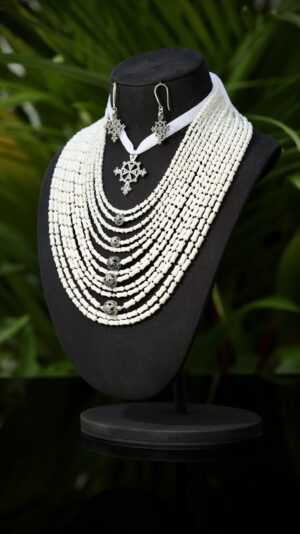 White coral necklace with signature beads, nickel-silver zgardas and silver fittings — handmade jewelry by Frolov Jewels (view 2)