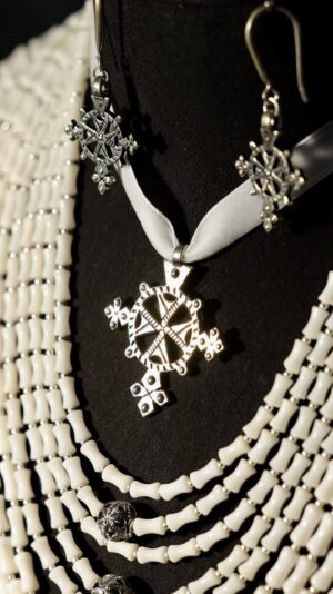 White coral necklace with signature beads, nickel-silver zgardas and silver fittings — handmade jewelry by Frolov Jewels (view 3)