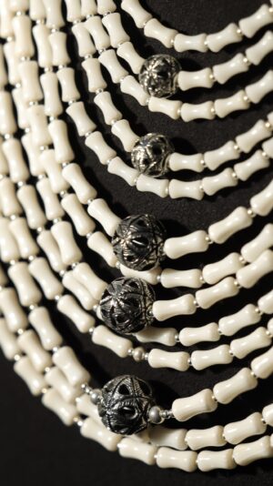 White coral necklace with signature beads, nickel-silver zgardas and silver fittings — handmade jewelry by Frolov Jewels (view 4)
