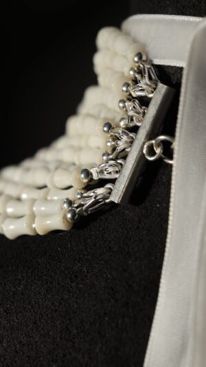 White coral necklace with signature beads, nickel-silver zgardas and silver fittings — handmade jewelry by Frolov Jewels (view 5)