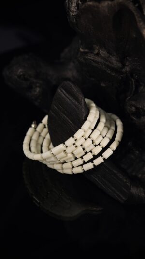 White coral necklace with silver lunnytsia crescents — handmade jewelry by Frolov Jewels (view 2)