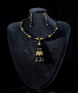 Black onyx choker with gold-plated beads and tassels — handmade jewelry by Frolov Jewels