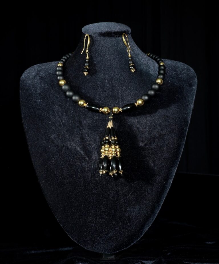 Black onyx choker with gold-plated beads and tassels — handmade jewelry by Frolov Jewels