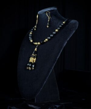 Black onyx choker with gold-plated beads and tassels — handmade jewelry by Frolov Jewels (view 3)