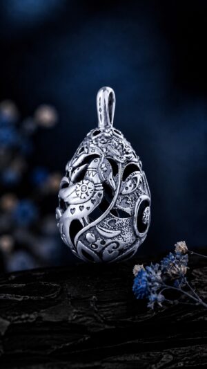 Pysanka Forest Song — rhodium-plated pendant — handmade jewelry by Frolov Jewels