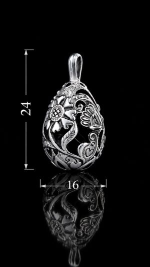 Pysanka Forest Song — rhodium-plated pendant — handmade jewelry by Frolov Jewels (dimensions 24 × 16 mm)