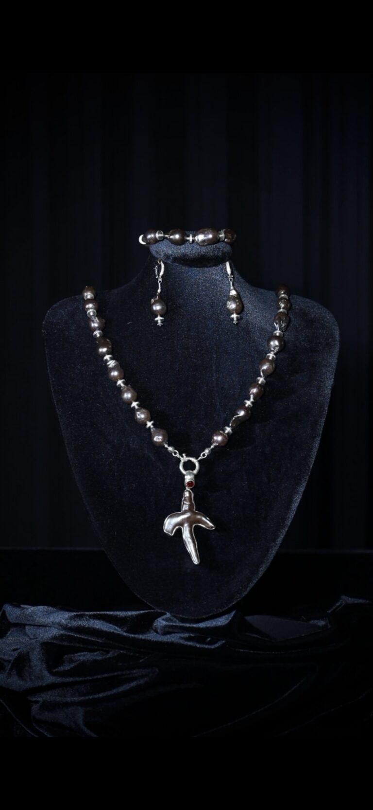 Single-strand black baroque pearl necklace with a pearl cross pendant — handmade jewelry by Frolov Jewels