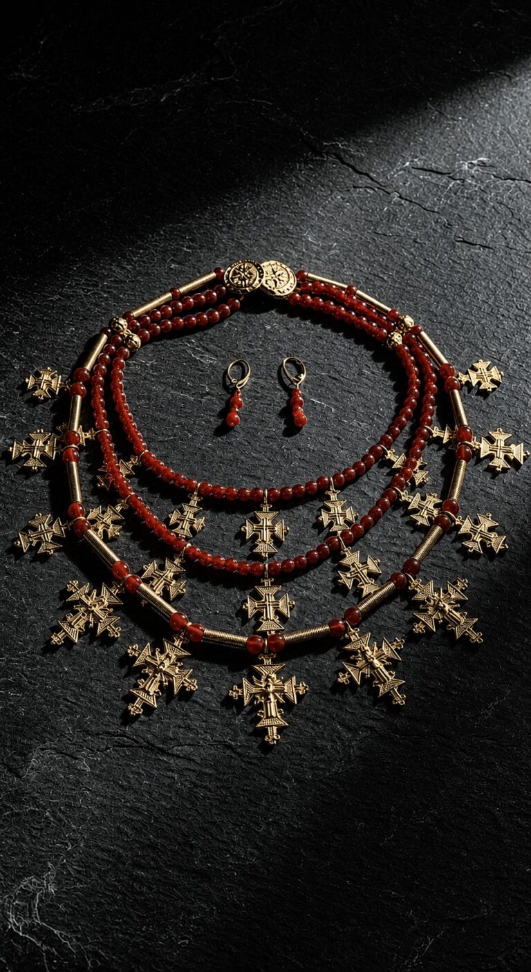 Three-strand carnelian necklace with 18K gold-plated brass zgardas, with earrings — handmade jewelry by Frolov Jewels